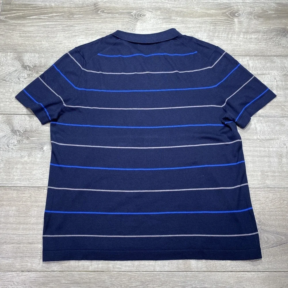 Banana Republic Polo Mens XL Navy Blue Silk Cotton Striped Knit‎ V-Neck Casual